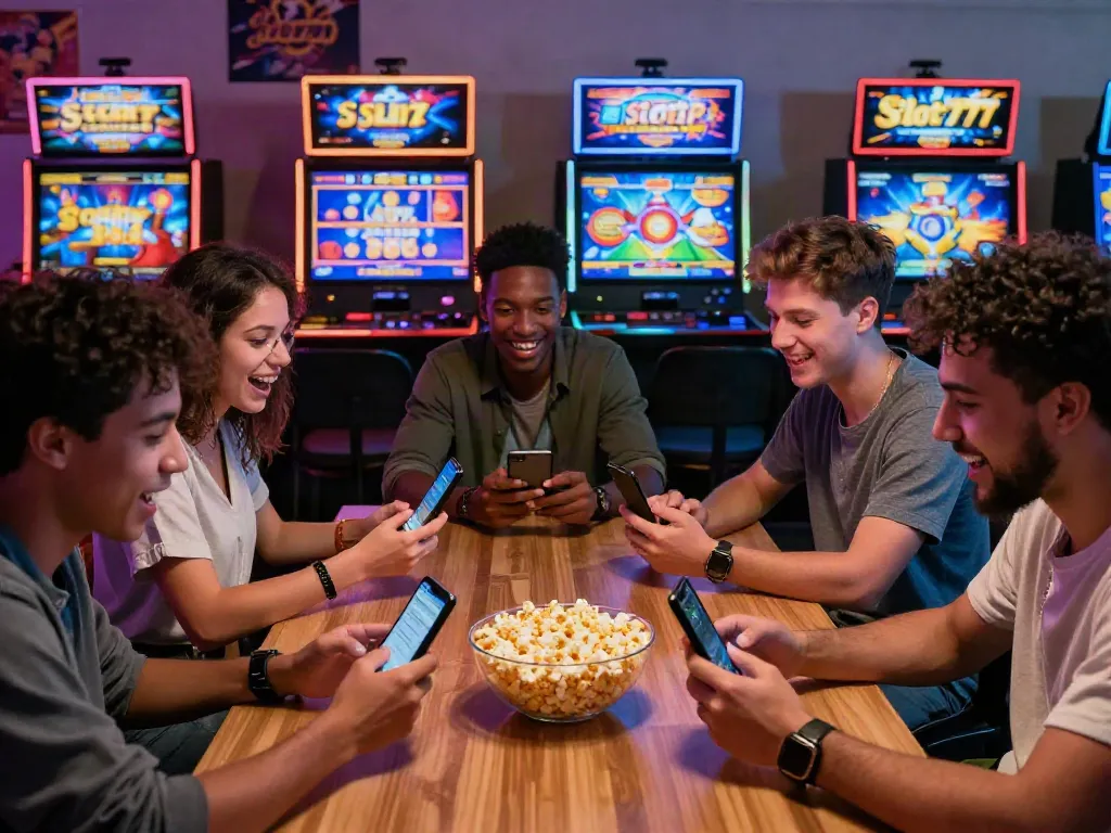 Grupo de amigos jogando Slot777 em dispositivos móveis com expressões alegres.