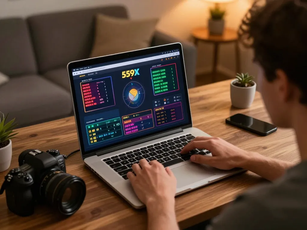 Player engaging with 559X online casino interface on laptop in a cozy home setting.
