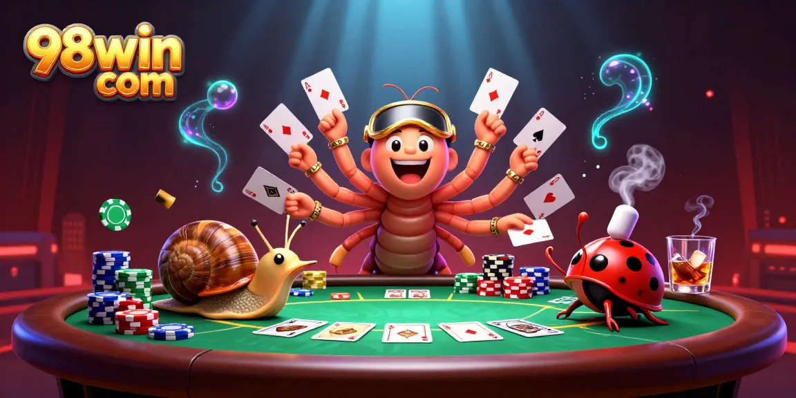 Engage with 98win com's vibrant gambling scene featuring a lively 3D dealer and high-stakes poker atmosphere.