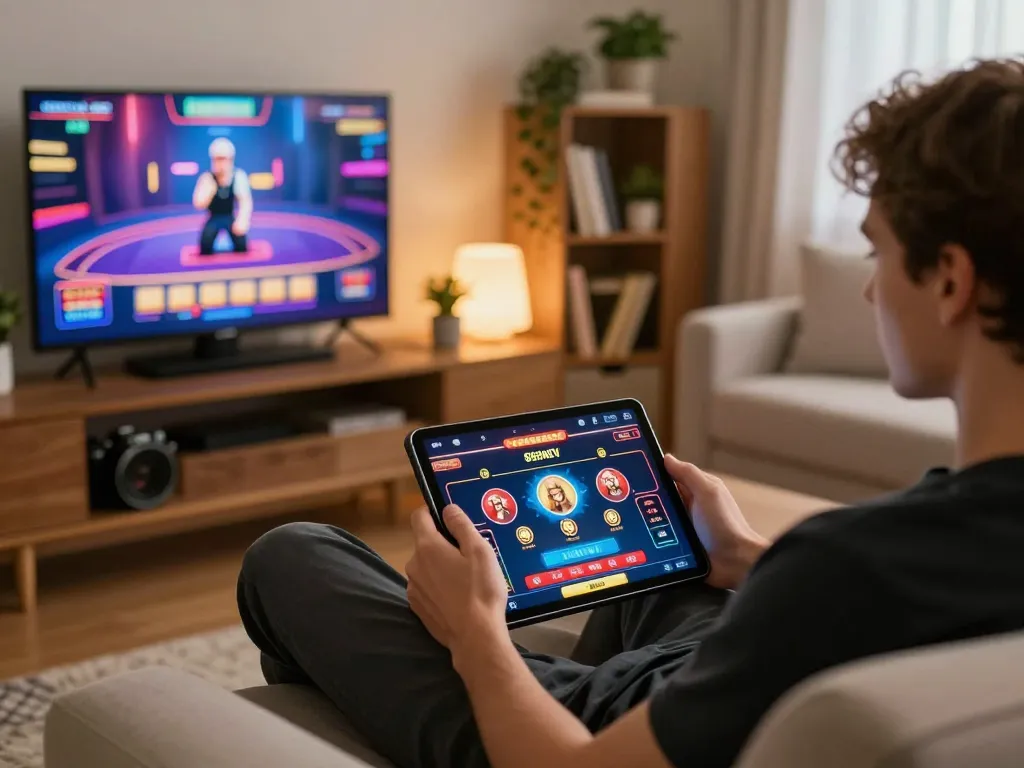 Engaging with 888NEW casino app on a tablet in a cozy home setting, showcasing responsible gaming.