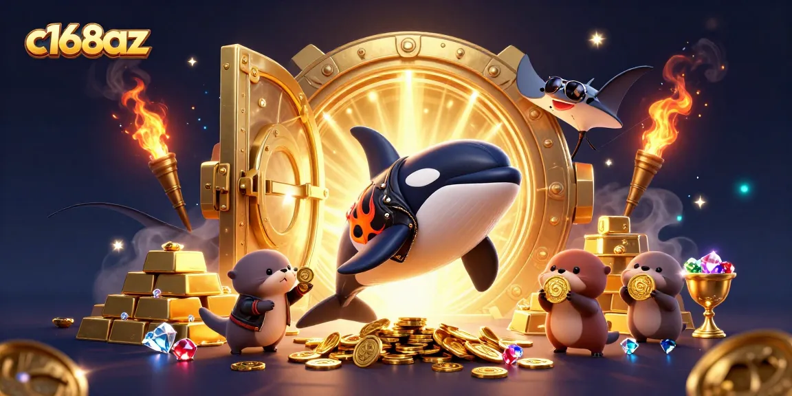 Engage with c168az's thrilling adventure as an orca jumps and otters cherish coins amidst golden treasures.