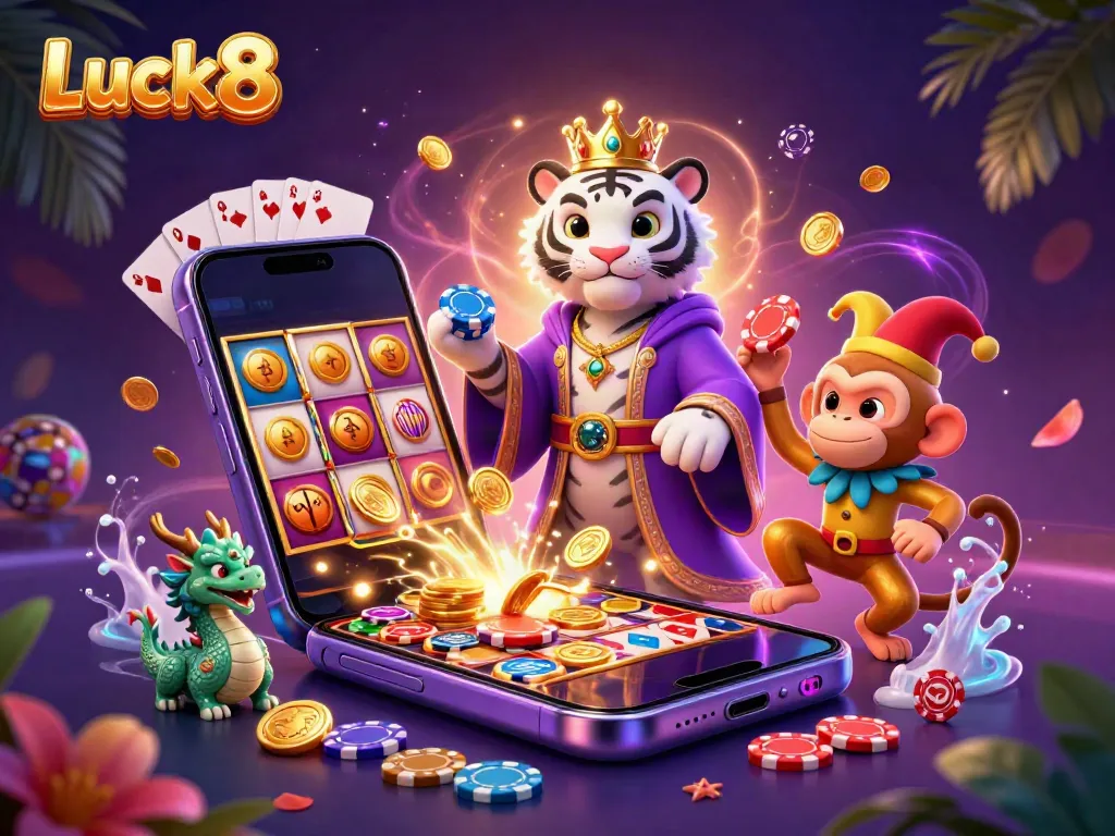 Luck8 showcases a vibrant 3D cartoon scene with a royal tiger, a jester monkey, and dynamic casino elements.