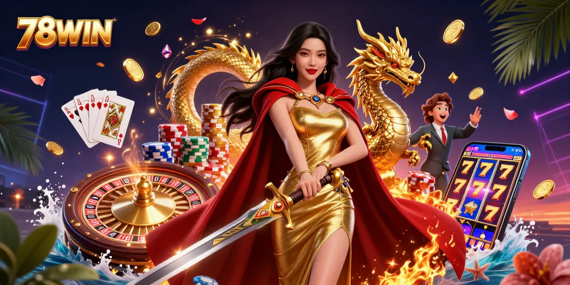 Experience the thrilling world of 78WIN with vibrant casino elements, glowing with excitement and rewards.