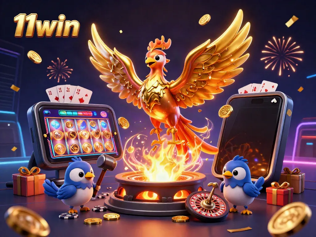Experience 11win with a dynamic golden phoenix and casino elements in a captivating scene.