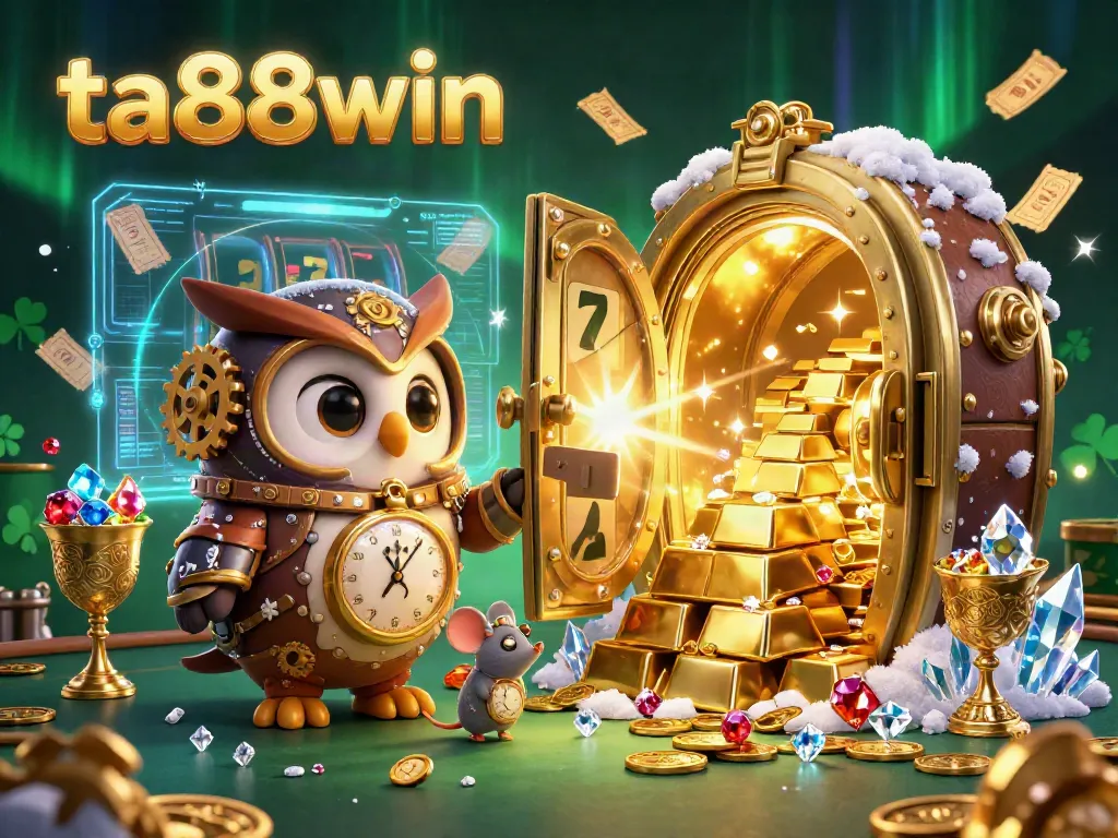 Experience the exciting world of ta88win with a steampunk-time traveler owl in a fantastical casino scene featuring slot machines and treasure.