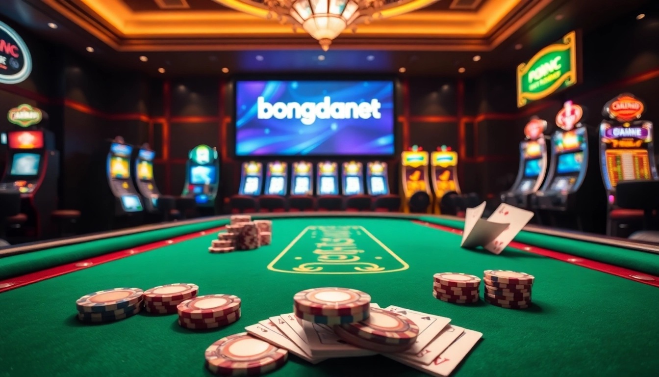 Bongdanet features thrilling poker gameplay with vibrant chips and cards in an upscale casino setting.