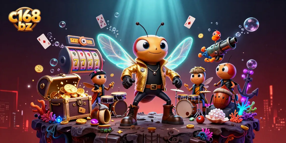 Engage with c168 bz at an exciting casino scene featuring a cicada rock star, slot reels, and vibrant treasure.