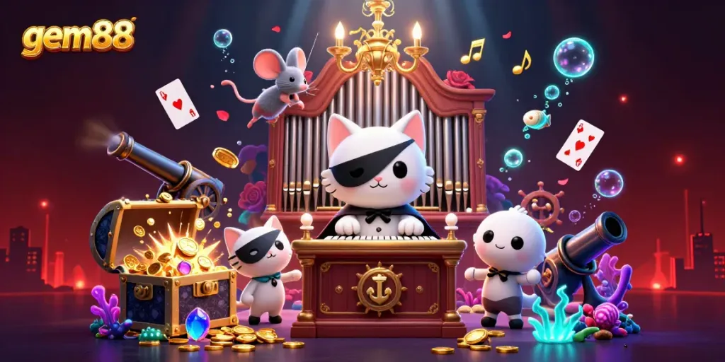 Experience the thrill of gem88 with an ornate casino scene, featuring a phantom cat and treasure-filled elements.