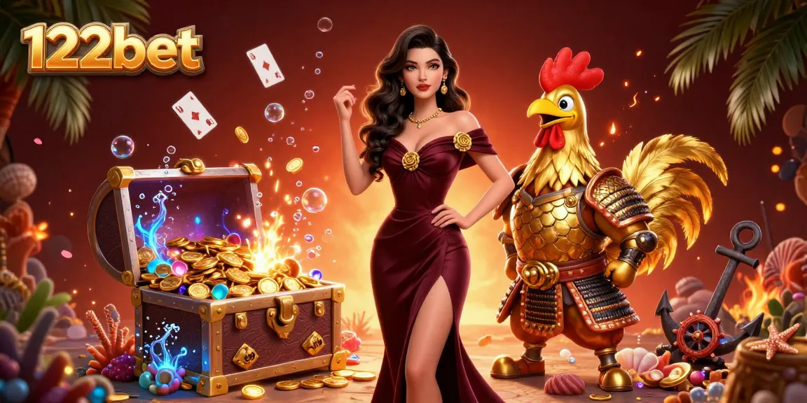 Experimente jogos emocionantes como caça-níqueis com 122bet em uma vibrante cena de cassino 3D com uma mulher glamorosa e um guerreiro dourado.
