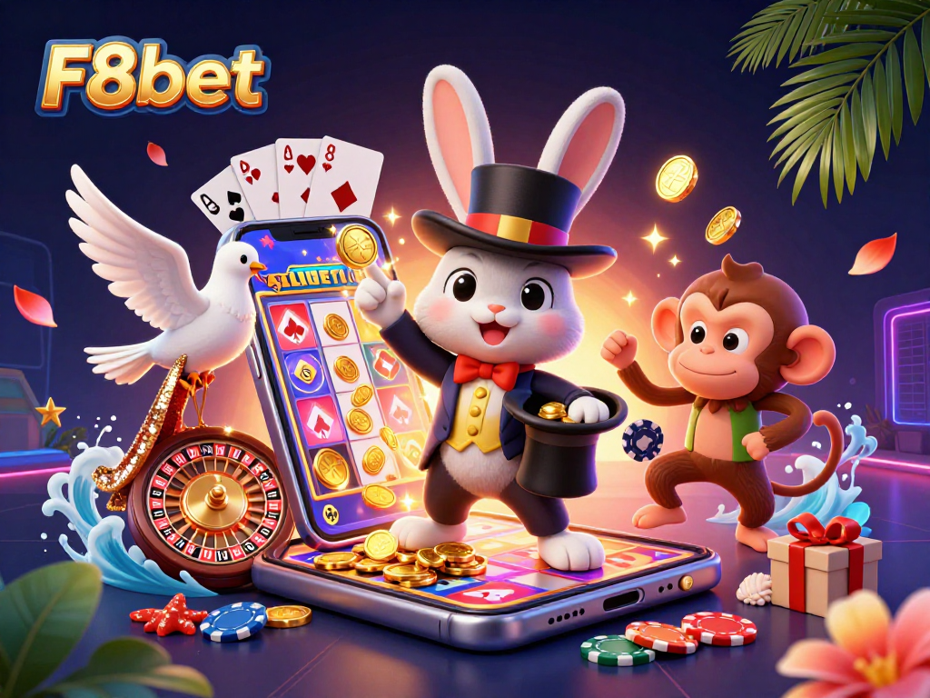 Experience thrilling gameplay with F8bet as a magician rabbit pulls coins from a hat in a vibrant casino scene.