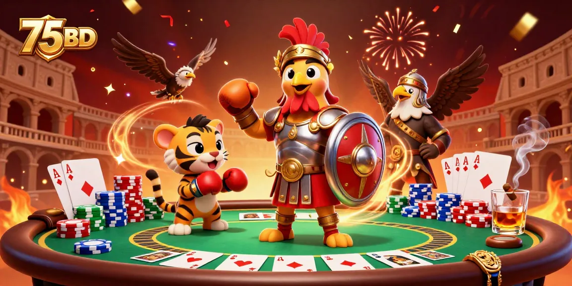 Engage in vibrant poker excitement with 75BD, featuring a gladiator rooster and animated elements.