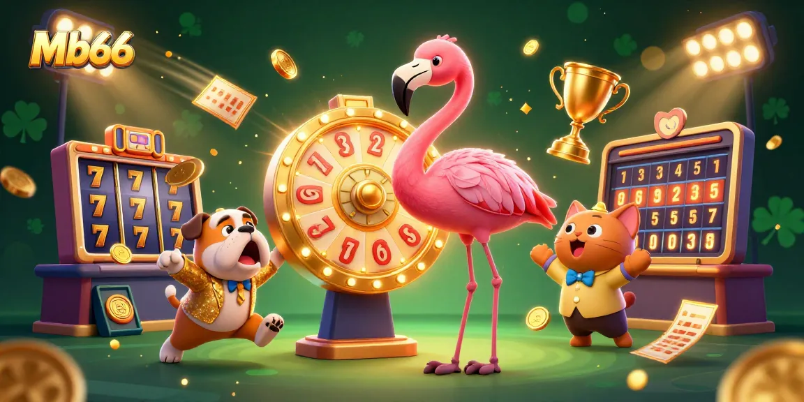 Experience the joy of Mb66 with exciting slots, prize wheel, and vibrant characters in a dynamic casino scene!