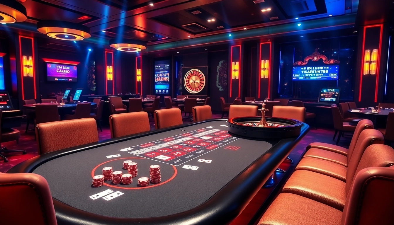 Mesa de jogos C333 em um cassino de luxo, exibindo fichas de pôquer e uma roleta