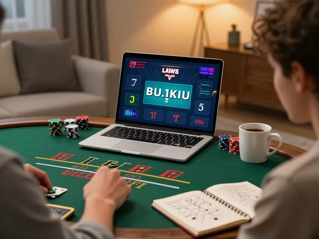 Jogador engajado desfrutando de um jogo de blackjack na 887bet, destacando o jogo online estratégico em um lar aconchegante.