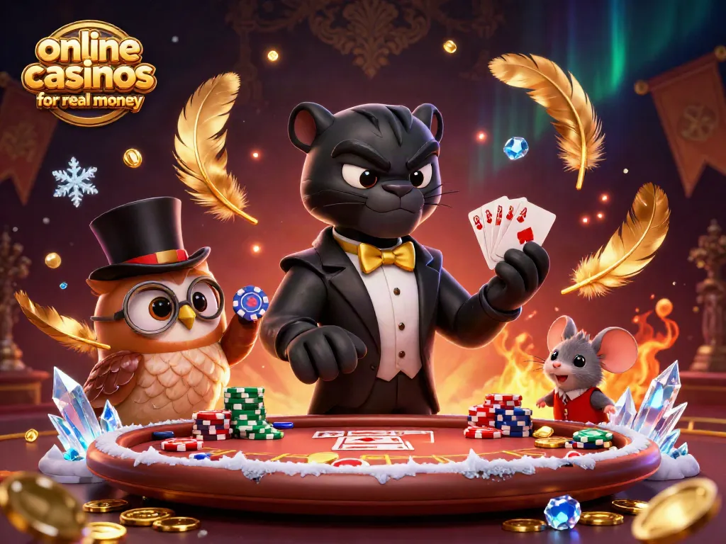 Engage with online casinos for real money featuring a stylish panther dealer, playful owl, and lucky mouse.