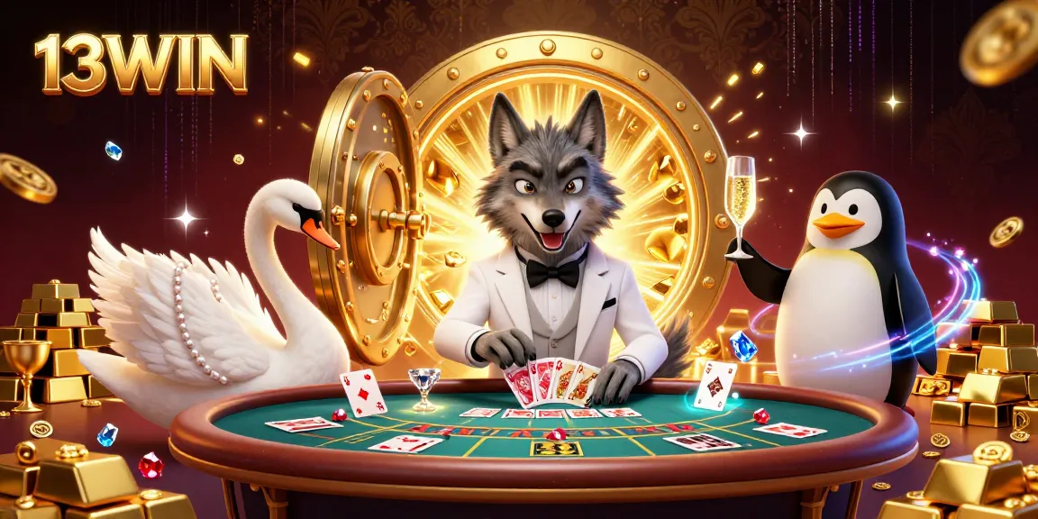 Engaging gameplay at 13WIN featuring a debonair wolf and elegant swan in a 3D casino scene.
