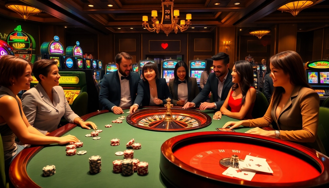 Players strategizing at a luxurious casino poker table featuring 7m poker chips and vibrant slot machines.