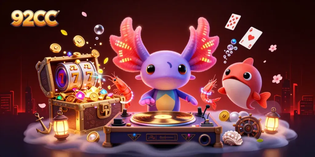 Engage with 92CC in this vibrant online casino scene featuring a neon axolotl DJ and dynamic game elements.
