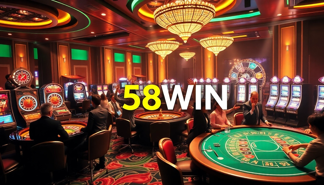 Experience the excitement of 58WIN with vibrant casino gaming scenes featuring roulette wheels and poker tables.
