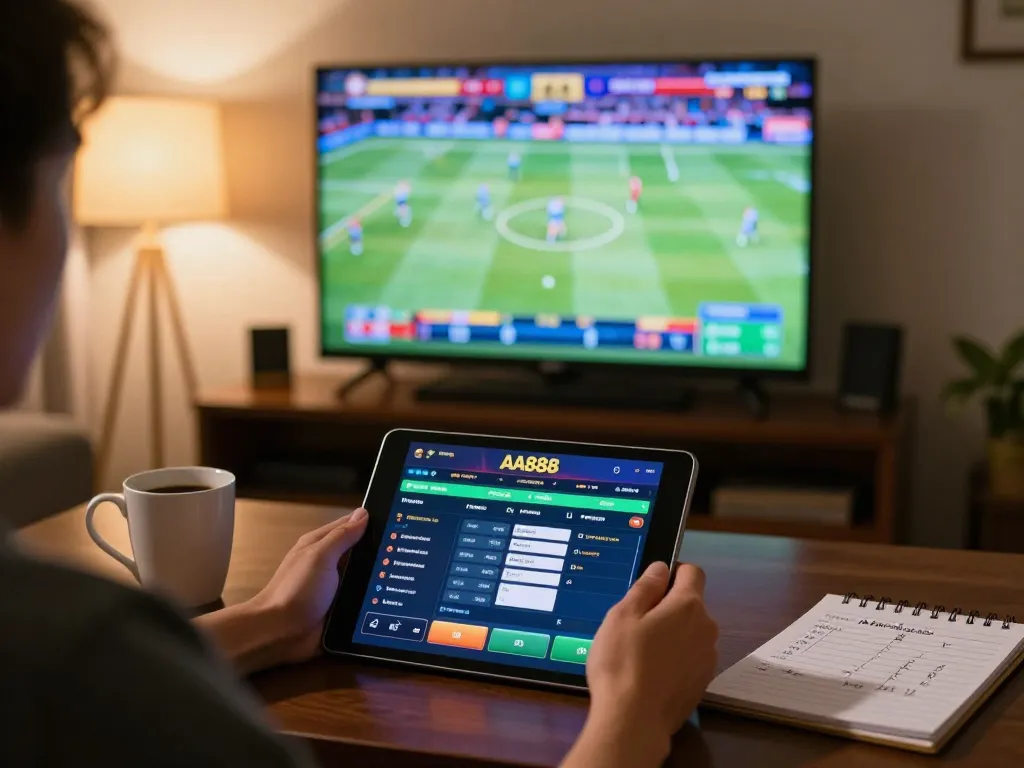 Person enjoying sports betting on AA888 interface while relaxing at home.