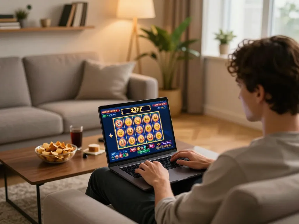 Player enjoying an immersive 22ff online gaming session on a laptop, surrounded by snacks and warm lighting.