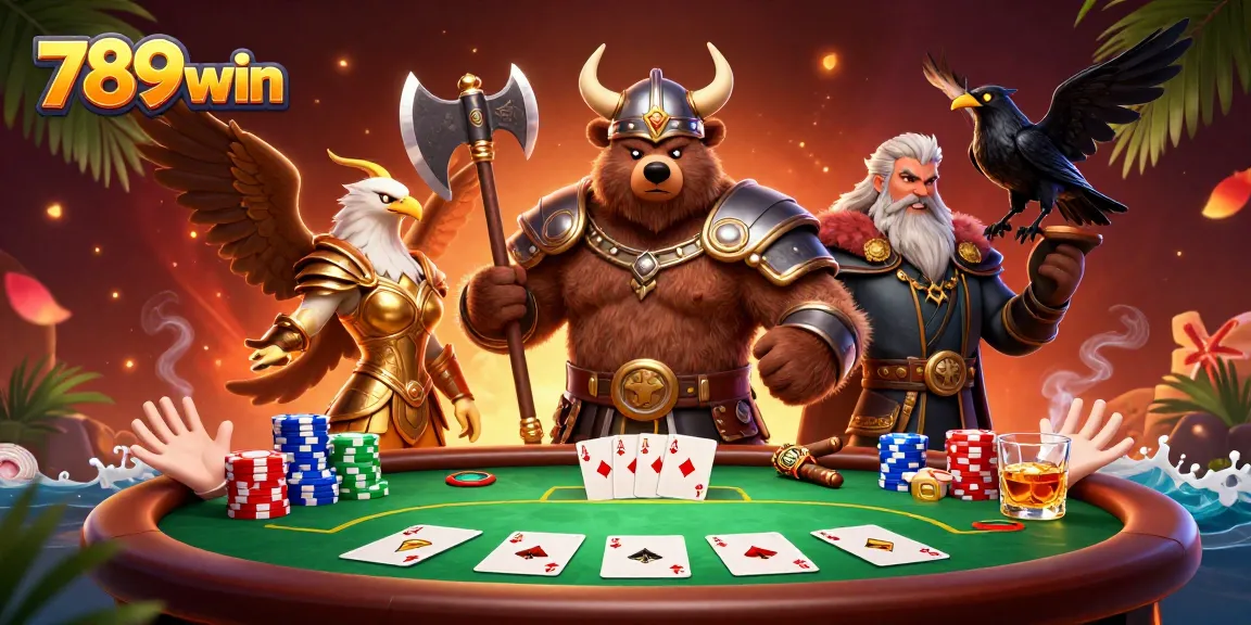 Win big at 789win with exciting poker action featuring a Viking bear and Valkyrie eagle.