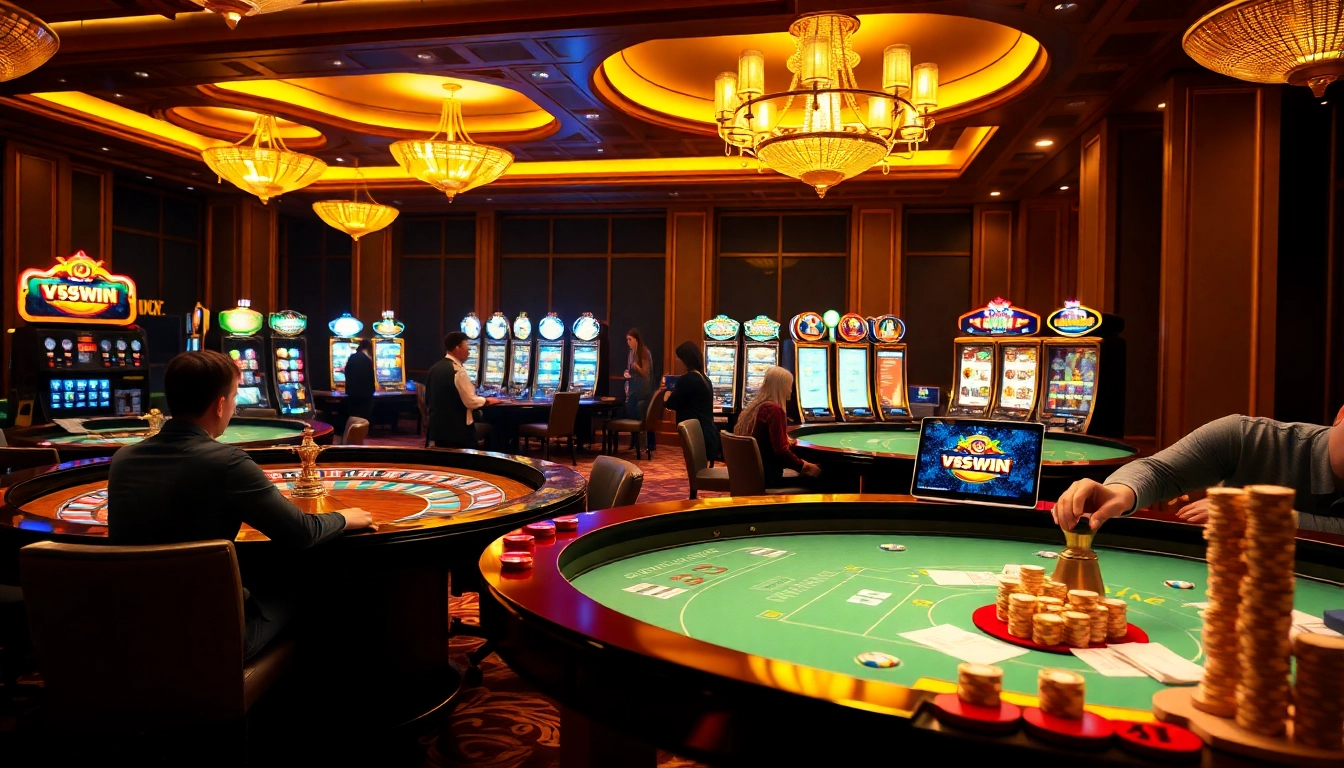 VSWIN casino experience with vibrant slot machines, poker table action, and roulette excitement.