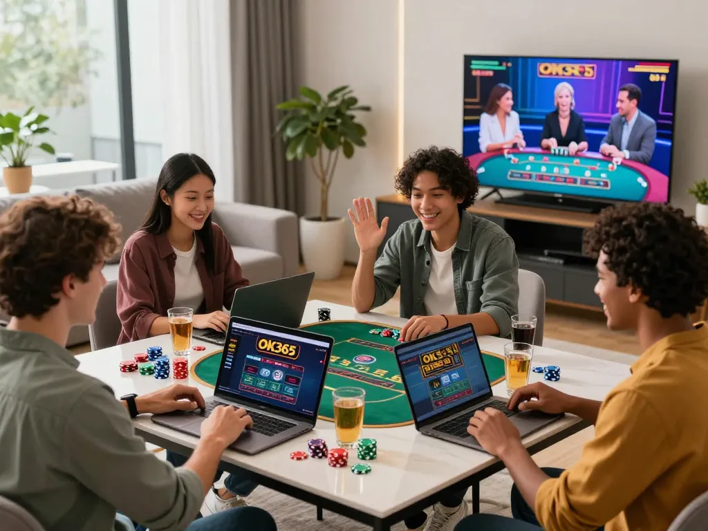 Friends enjoying online gaming at https://ok365.br.com/ in a lively home setting with live dealer interaction.