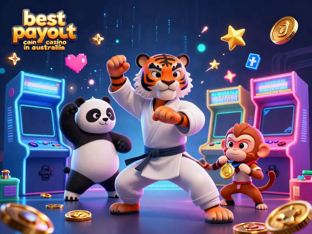 Engaging scene showcasing the best payout casino in Australia, with a kung fu tiger master, panda, and monkey surrounded by vibrant gaming elements.