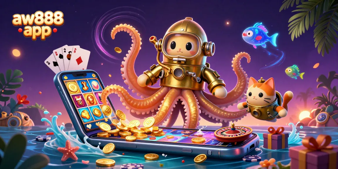 Experience the exhilarating action of the aw888 app with vibrant casino elements and characters in an engaging 3D illustration.