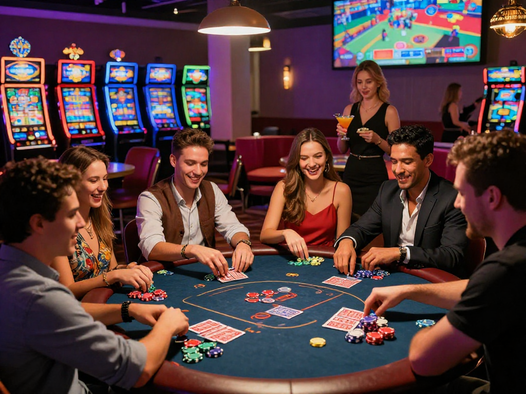 Experience the thrill of vin88 gaming at a lively casino with friends enjoying poker and vibrant atmosphere.