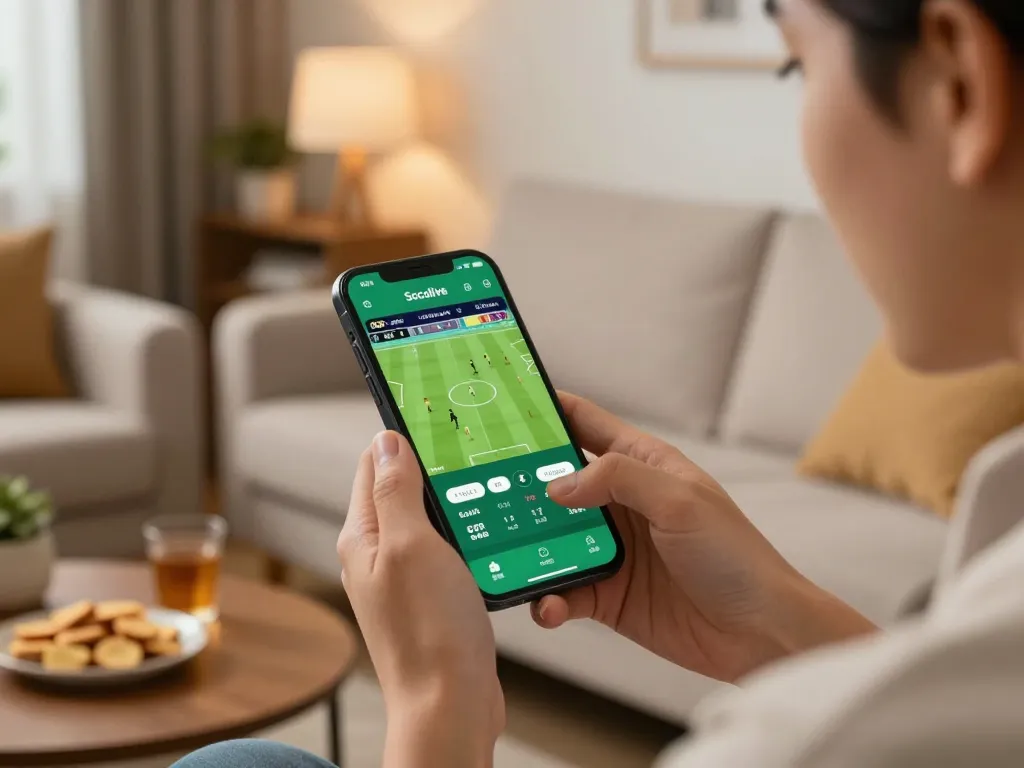 Socolive app shown on smartphone while placing live soccer bets in a cozy living room