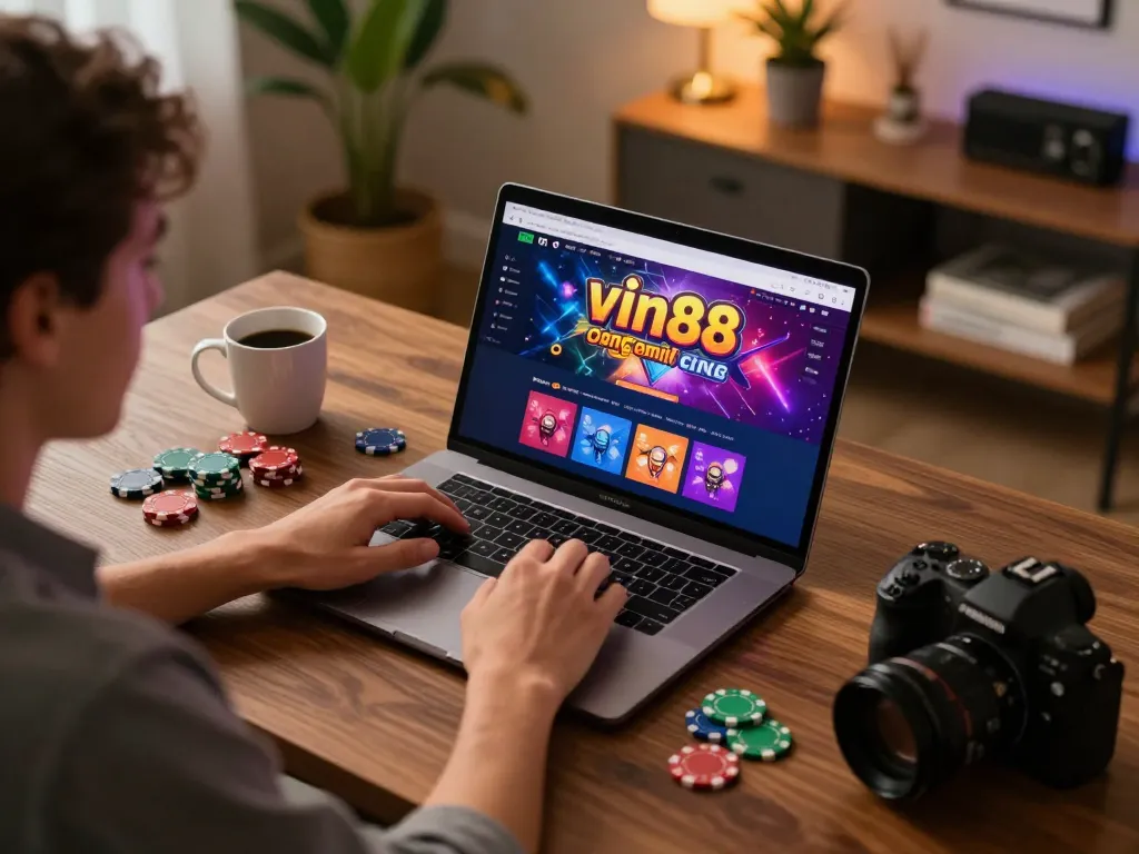 vin88 user playing online casino game at home with focused engagement and cozy setup