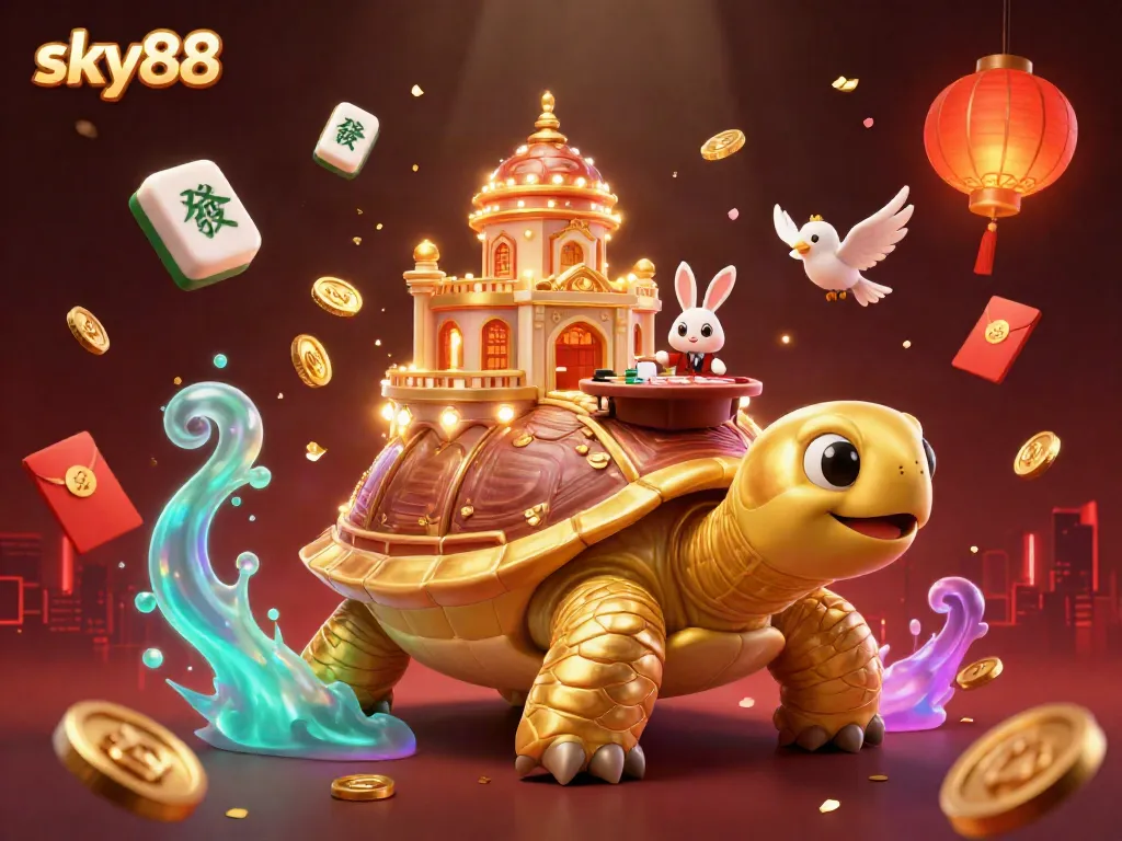 Experience thrilling gaming adventures with sky88 in this vibrant casino-themed illustration featuring a golden tortoise and a rabbit dealer.