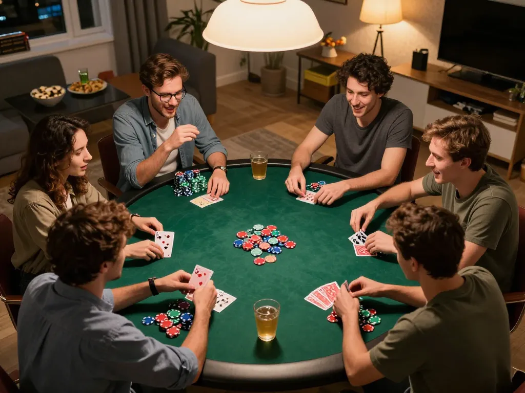 Players engaging in an exciting poker game at home, showcasing the lively atmosphere and camaraderie around 99ok.