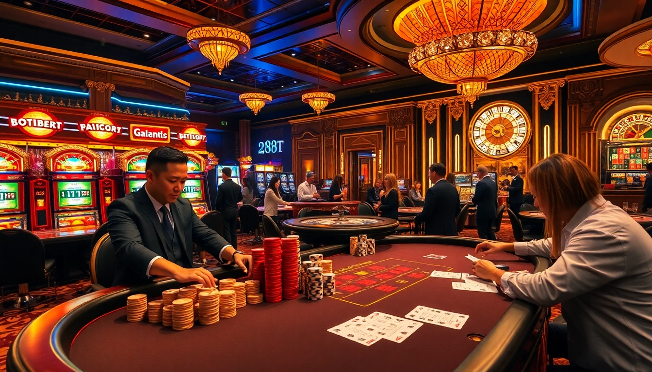 288T gambling scene showcases players at a vibrant casino table surrounded by slot machines and roulette wheels.