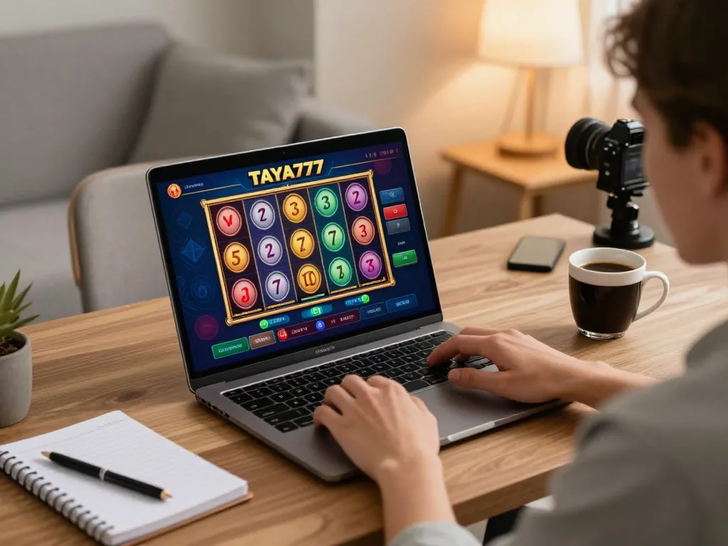 TAYA777 online user spinning slot reels at home, creating a cozy gaming atmosphere.