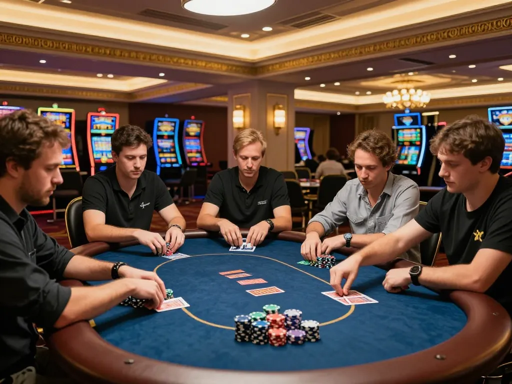 Engaging Go8 poker game scene with players strategizing their next moves at an upscale casino table.
