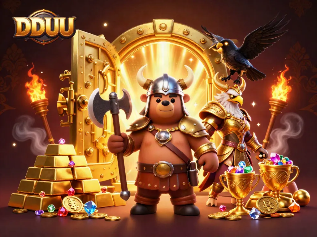 Experience the excitement of DDUU with a dynamic 3D illustration featuring fierce characters and abundant treasures.