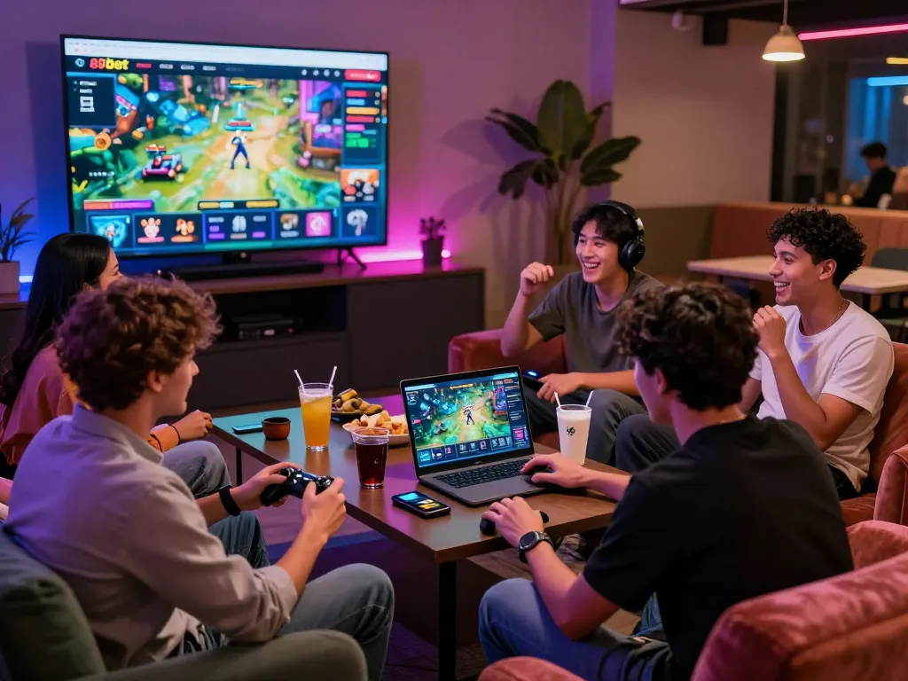 Social gaming party atmosphere at 887bet platform with friends enjoying online games