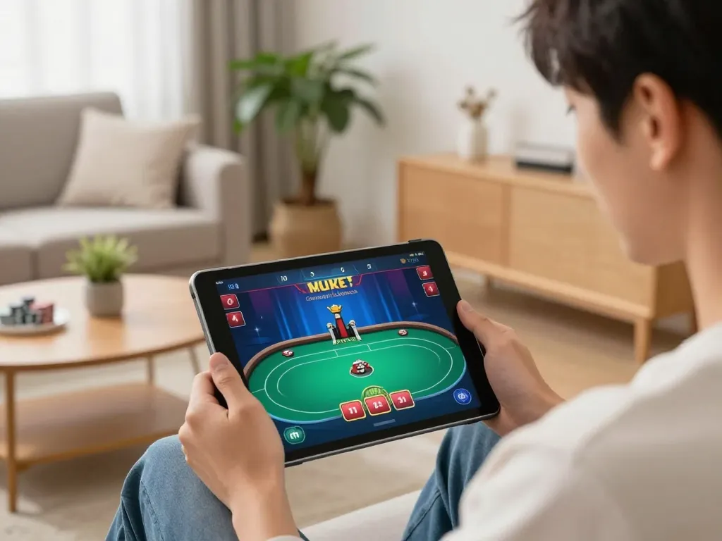 Engaging in dynamic mk8 online gaming session at home, showcasing poker gameplay strategy on a tablet.