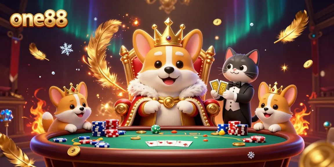 Experience thrilling poker action with one88 in a vibrant, dynamic casino scene featuring royal characters.