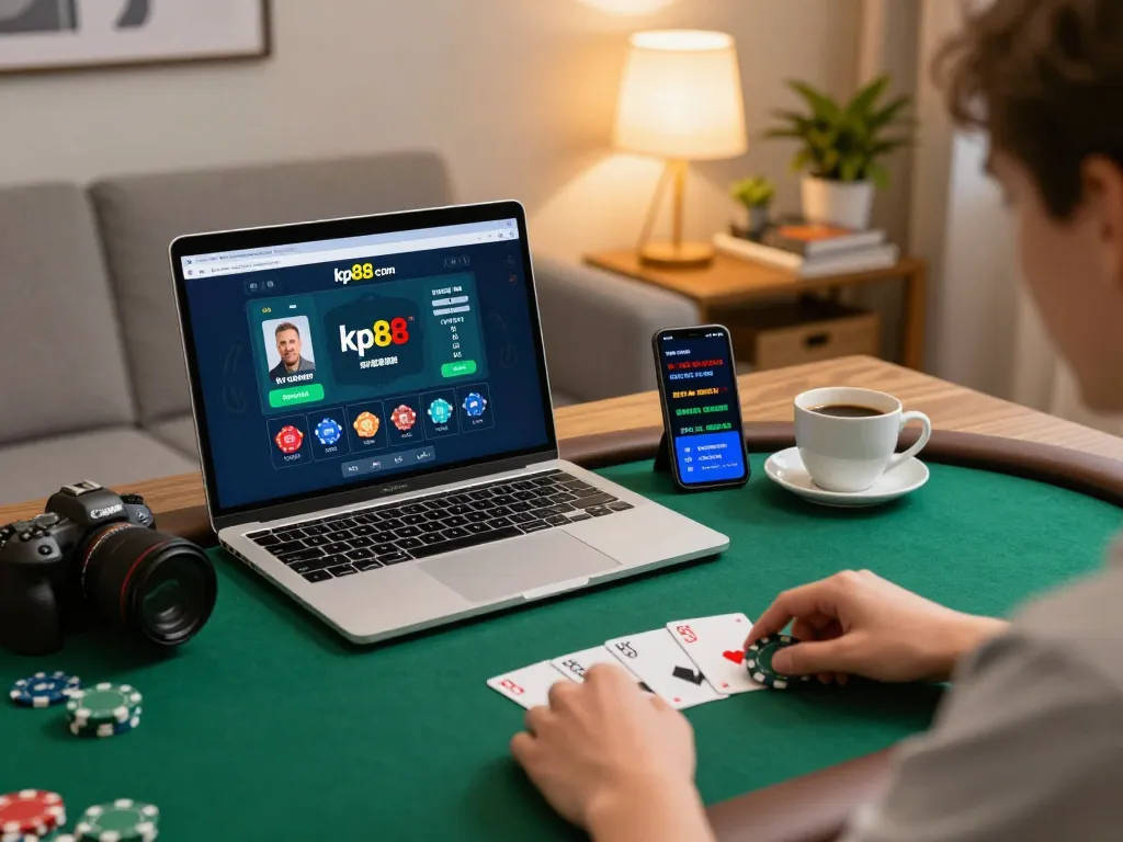 Engaged player interacting with kp88 com during online poker session, vibrant home gaming setup.