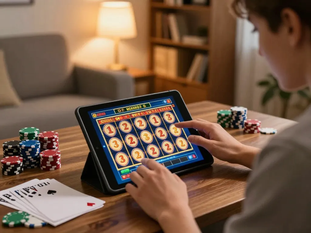 Player enjoying dynamic online gaming experience with 27G platform on tablet, surrounded by chips and strategies.