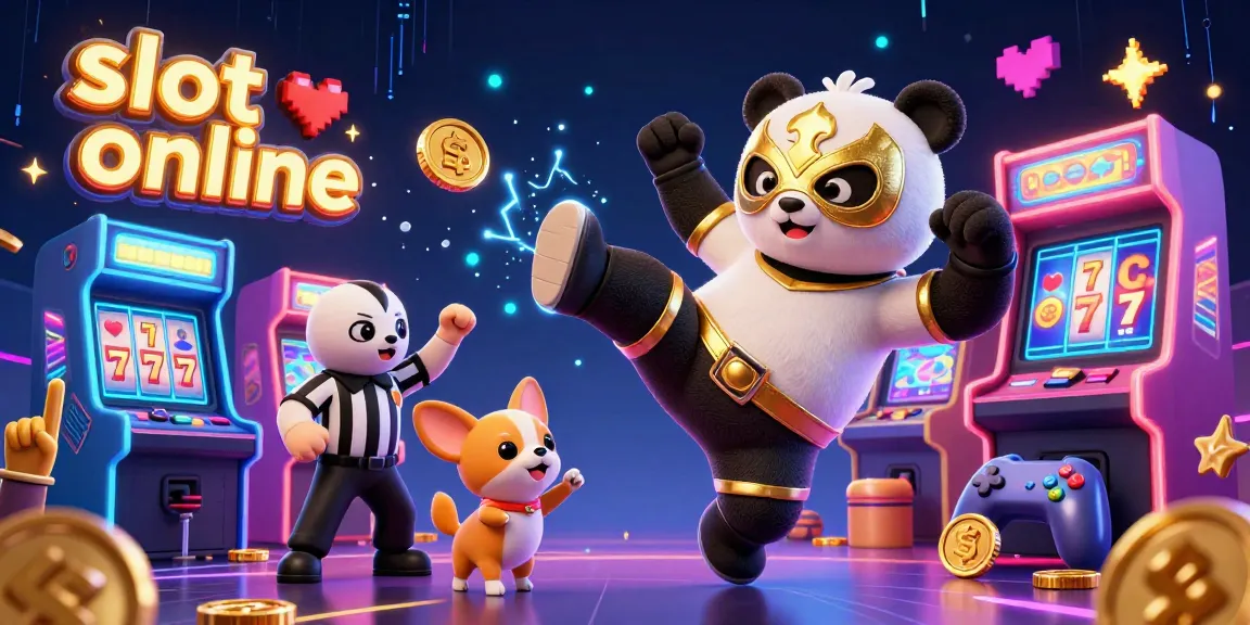 Engage in thrilling slot online games with a vibrant scene of a panda wrestler and animal spectators.