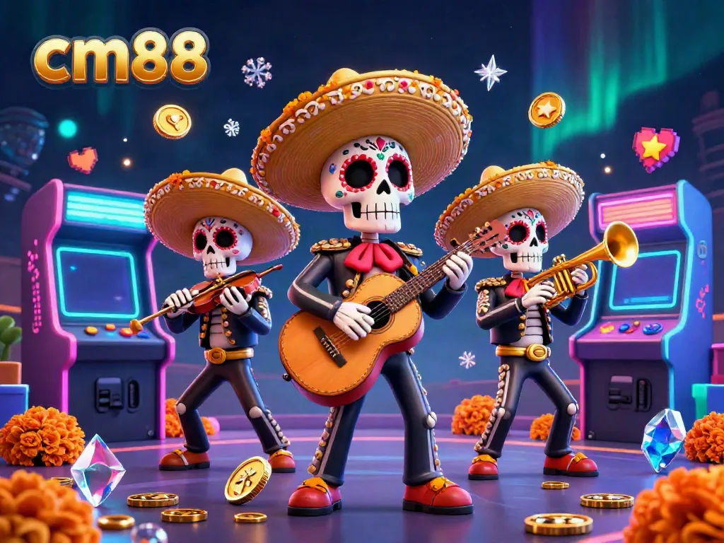 Win big with CM88's vibrant gaming experience, featuring colorful mariachi band amidst casino elements
