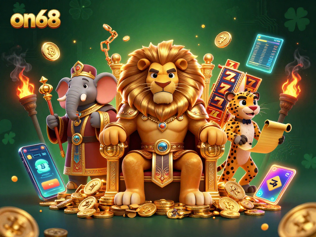 Experience thrilling wins at on68 with 3D cartoon lion king and vibrant casino elements.