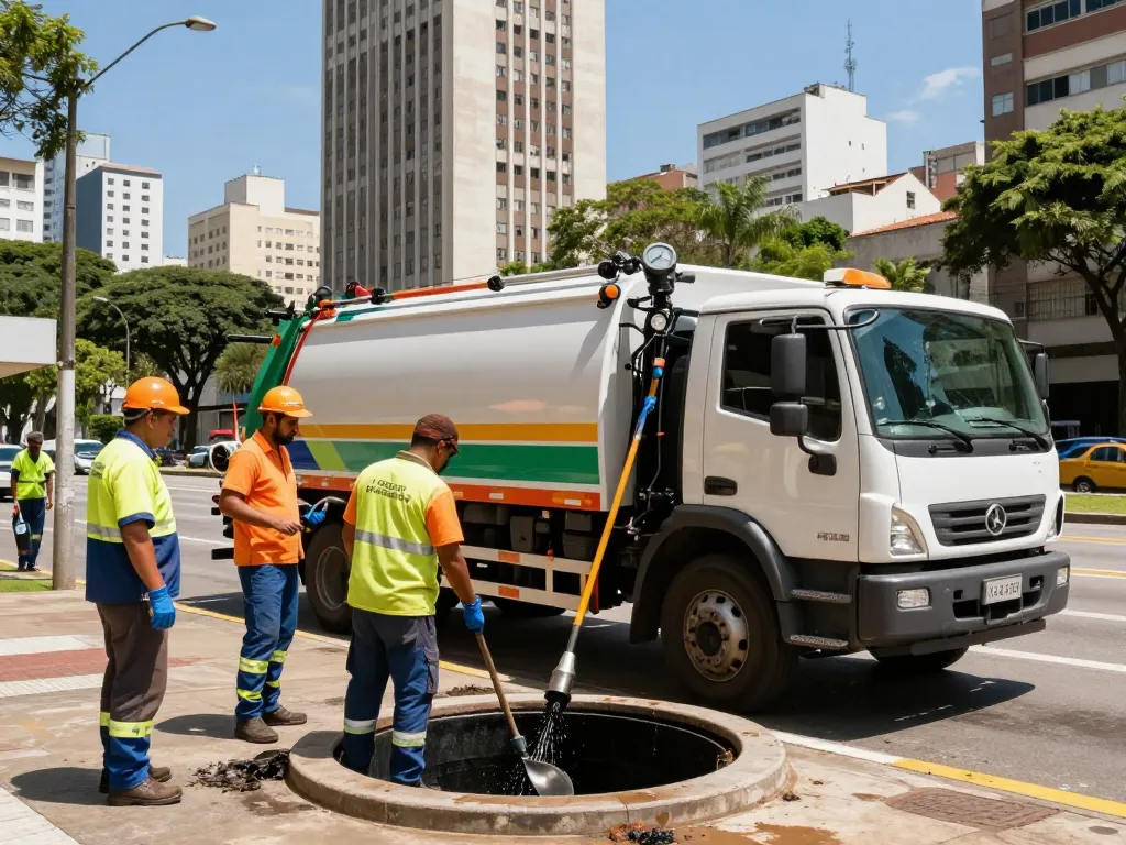 Limpa fossa em São Paulo, sanitation team cleaning septic tank with modern equipment in an urban setting.
