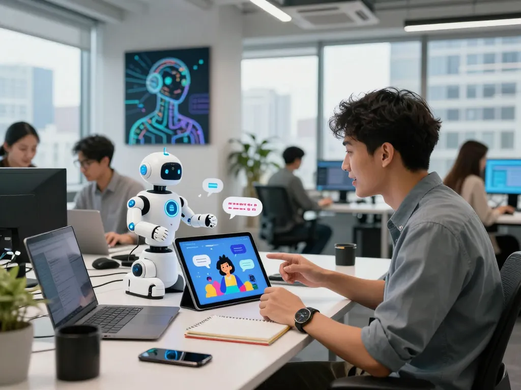 Engaging in lively conversations with crush on ai technology in a modern workspace