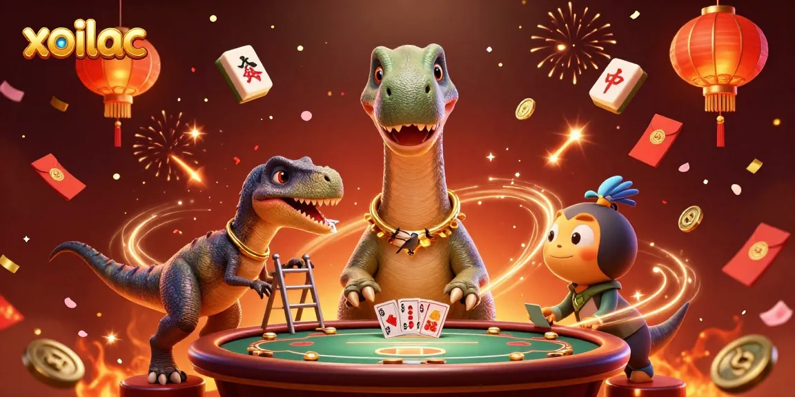 Xoilac delivers dynamic gambling experiences with a colorful 3D casino illustration full of action.